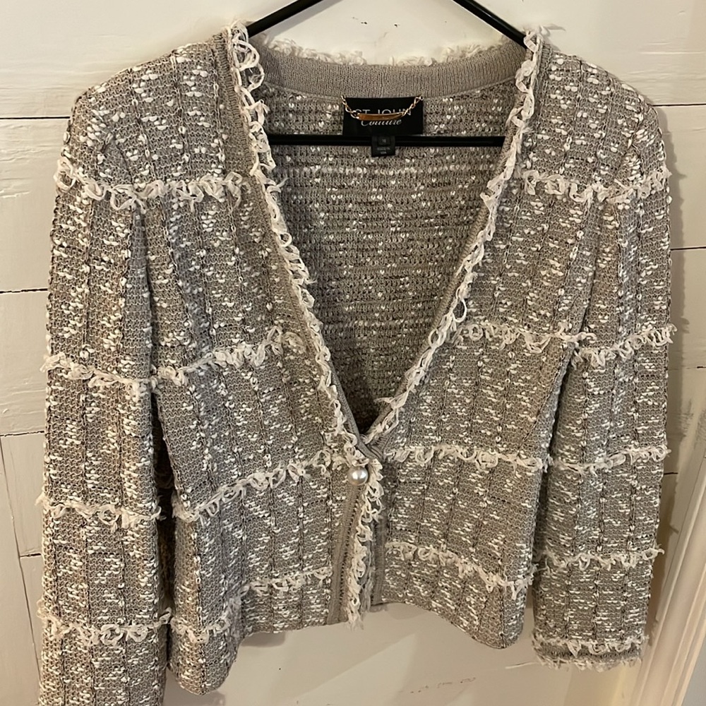 St. John Couture Dress Jacket in Taupe and Ivory with Pearl Button Accent, 10 - Picture 3 of 8